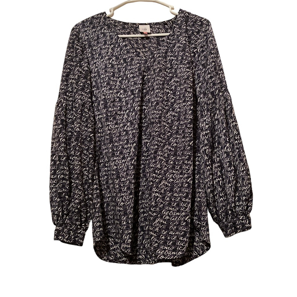 Cabi Womens Casual Top Blue Amo‎ Love Print Long Sleeve Puff V Neck M